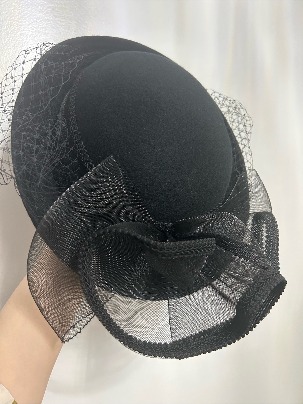 Vintage Black Wool Round Brim Hat with Net Veil & Large Bow – Made in USA